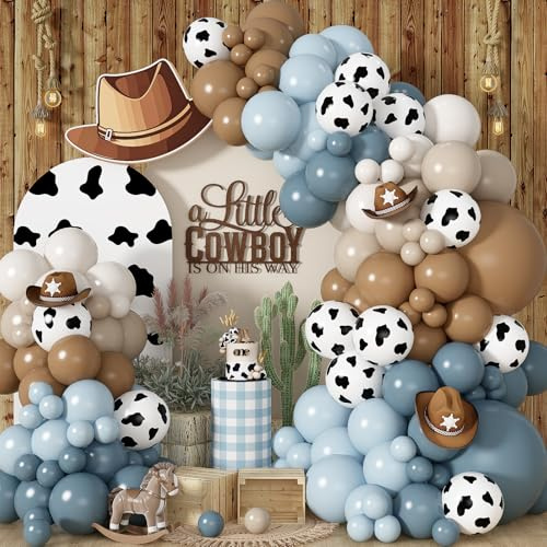 Cowboy-Western-Ballonbogen-Set, staubiges blau-braunes, doppelt gefülltes Sand-Weiß, Ballongirlande mit Kuh-Druck, Luftballons für Jungen, Western-Cowboy-Thema, Geburtstag, erste Rodeo, Babyparty