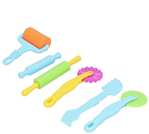 Acouto 6pcs Clay Dough Tools Kit, Colorful Plastic Dough Molds Roller with Roller Cutting Spatula Rolling Pin for Toddlers Sensory Activities