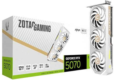 ZOTAC Gaming GeForce RTX 5070 AMP White Edition DLSS 4 12GB GDDR7 192-bit 28 Gbps PCIE 5.0 Tarjeta gráfica para Juegos, refrigeración IceStorm 2.0, iluminación Spectra RGB, ZT-B50700FQ-10A