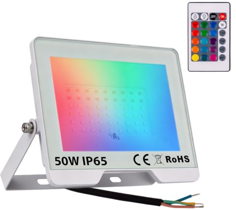 Proiettore LED RGB con Telecomando 230V, Faretto Colorato Impermeabile IP65, Luce Multicolore 120° per Giardino, Feste, Natale, Decorazioni Esterne (Bianco, 50, Watt)