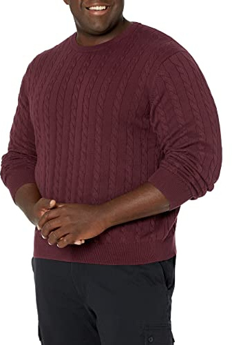 Amazon Essentials Jersey de Algodón Trenzado con Cuello Redondo Hombre, Burdeos, L