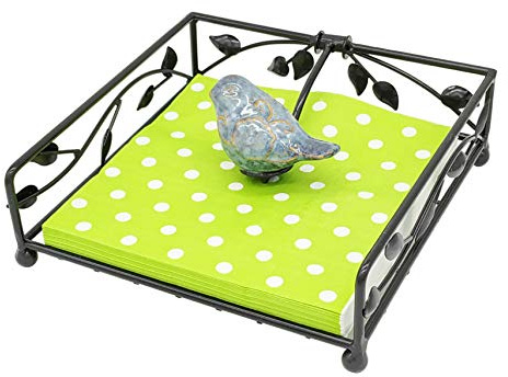 OwlGift Collection Serviettenhalter aus beschichtetem Metall, flach, mit Keramik-Vogel, Küche und Arbeitsplatte, flacher Servietten-Organizer