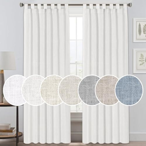 PrinceDeco Linen Curtains Tab Top Window Treatments Panels Light Filtering Premium Soft Rich Linen Curtains for Living Room Burlap Look Farmhouse Decor- 52 by 84 Inch, Set of 2, White