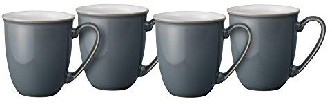 Denby - Elements Fossil Grey Coffee Mug Set of 4 - 330ml Stoneware Ceramic Tea Mug Set For Home & Office - Dishwasher Safe, Microwave Safe - Dark Grey, White - Chip Resistant