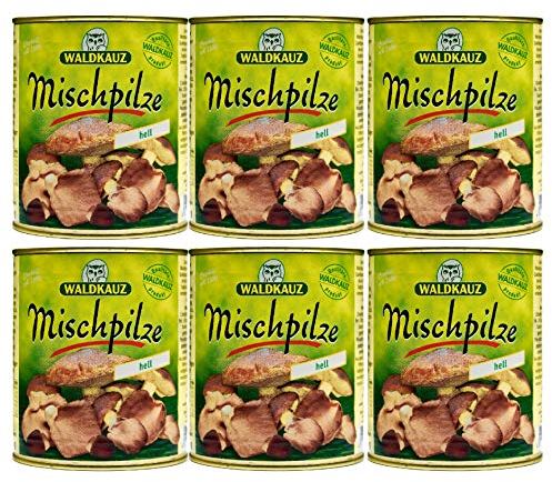 Food-United MISCHPILZE Hell 6 Dosen Füllmenge 800g ATG 455g eingelegte-Wild-Austern-Shiitake-Butter-Speise-Pilze-Konserve leicht vorgesalzen aromatisch für Pasta Soßen Pilzpfannen