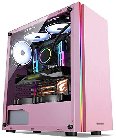 ZXFF Estuche De Juego De PC, Caso De Juego De PC De La Torre Media ATX/M-ATX/M-ITX, Vista Lateral Grande Panorámica, Viene con Barra De Luz RGB, USB3.0, Rosa