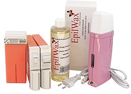EpilWax Kit Épilation Royal Complet Corps,Maillot,Visage avec: chauffe cire professionnelle 3 Roll-On de cire 100 ml Rose,1 Maillot,1 Visage, 100 bandes,1 huile après épilation 250ml