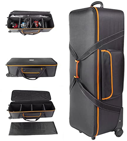 PYXEL STUDIO Photo Equipment Trolley Carry Case Bag with Straps Padded Compartment Wheel, Portable for Light Stand Tripod Strobe Flash Umbrella Background, 102x37.5x27.5cm, (KCX-12 ORANGE)