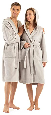English Home Bademantel Damen Flauschig, Bademantel Herren mit Kapuze aus Baumwolle, Frottee Saunamantel, Unisex, Sauna Mantel Damen mit lang Gürtel