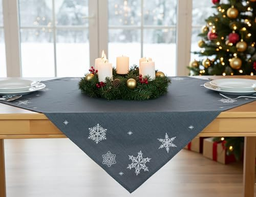 KAMACA Tischdecke Mitteldecke 85x85 cm mit filigraner Stickerei Küche Esstisch Tisch Dekoration Eyecatcher in Herbst Winter Weihnachten (Schneeflocken anthrazit)