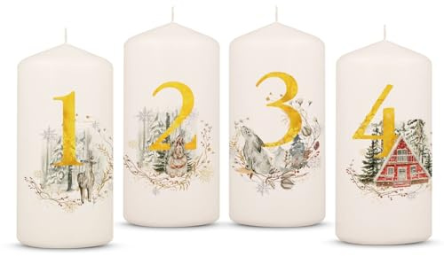 GRAVURZEILE Bedruckte Adventskerzen - Advent Goldziffern - Weihnachtskerze für den Adventskranz 4er Set - Dekoration zu Weihnachten - Geschenk für Sie & Ihn - Stumpenkerze 120/58 mm