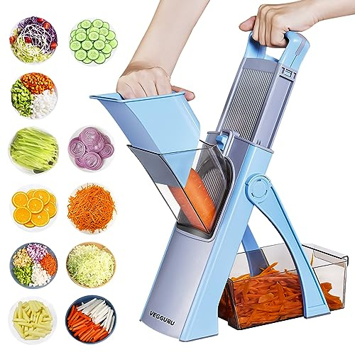 VEGGURU Safer Mandoline Food Slicer, Thickness Adjustable Vegetable Chopper, Onion Chopper Potato Slicer Tomato Cutter Dicer, Multifunctional Kithcen Food Fruit Chopper