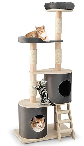 GOPLUS Arbre à Chats, 161 CM, 5 Niveaux, avec Colonnes à Gratter en Sisal, Perchoir Supérieur et 2 Condos Confortables, Gris et Beige