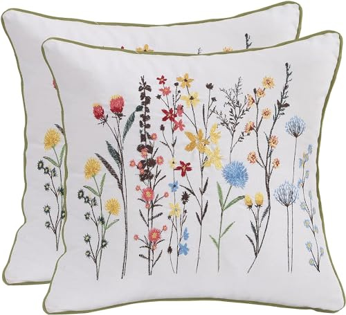 2 Stück Kissenbezug Stickerei Wildblumen 40x 40cm Dekokissen | Bestickte Wurfkissenbezüge Leinen Kissenbezüge Blumenmuster für Gartenlounge Sofa Wohnzimmer Schlafzimmer Bauernhaus