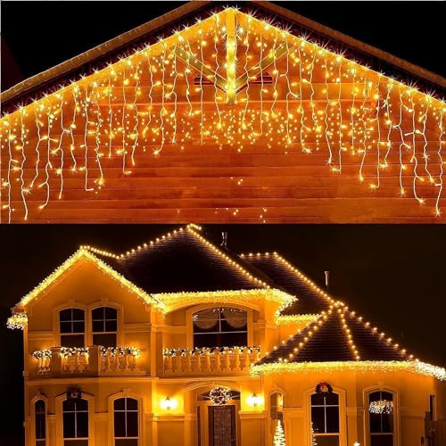 AMMICCO - Cortina luminosa para exterior, interior y ventana, impermeable, 8 modos, luces de Navidad, decoración de boda, balcón, terraza, fiesta de fiesta de cumpleaños, 10 m, blanco cálido)