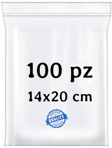 BUY SAFE - Sacchetti Plastica Richiudibili, Sacchetti Ermetici per Alimenti, Vestiti e Oggetti con Chiusura a Cerniera, Buste Trasparenti Richiudibili Resistenti e Riutilizzabili, 14x20-100 Pz