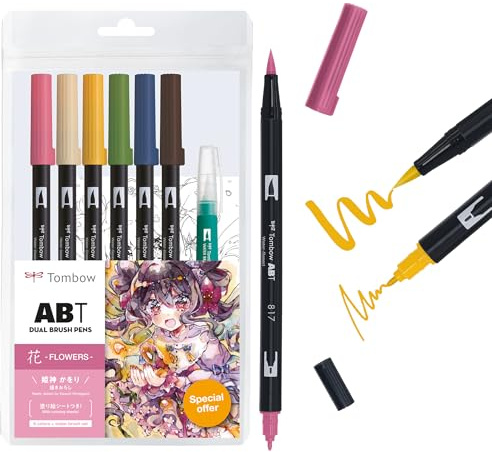 Tombow ABT Dual Brush Pen Watercolour Manga Set Flower, set of 6 + watercolour brushes, colouring templates & video tutorial [ABT-6P-MANGA-FLOWER]