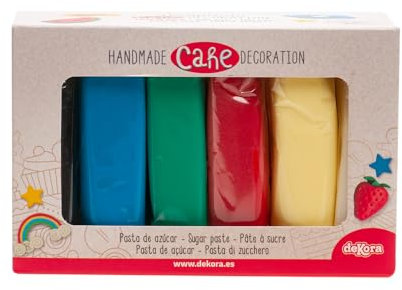 Dekora - Pack de Pastas de Azúcar Fondant de Colores Primarios Blanco, Rojo, Azul, Verde, Amarillo y Negro - 6 Colores para Decorar Tartas y Cupcakes - Modelado Fácil - 6 x 100 g - 600g