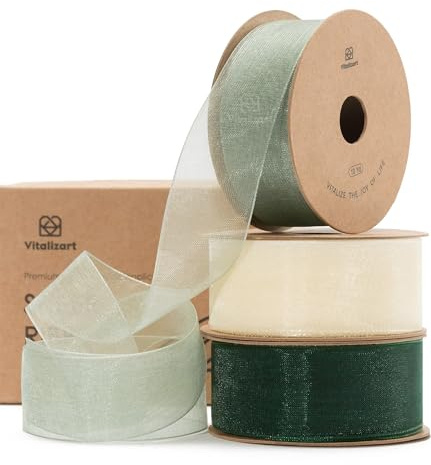 Vitalizart Nastro di Organza Bianco & Verde 2,5 cm x 27,4 m, Decorazioni per le Feste, Nastri Regalo in Tessuto di Tulle per Pacchi Regalo, Albero di Natale, Fai da Te, Fiocchi, Inviti di Nozze