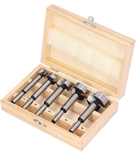 Juego de brocas Forstner para madera, 5 brocas para madera, adornos, juego de herramientas de corte con estuche de almacenamiento, brocas para madera con eje redondo de 15 mm, 20 mm, 25 mm, 30 mm, 35
