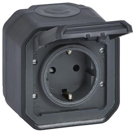 LEGRAND, Plexo New Feuchtraum-Steckdose, Schuko-Standard, inklusive Klappdeckel, Berührungsschutz, Installation mit Schraubklemmen, 16 Ampere, 250 Volt, IP44 - IK07, Farbe: Anthrazit, 069783L