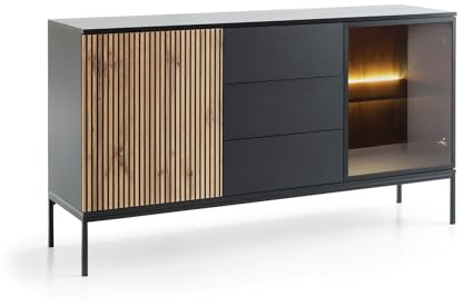 Emporius Daveno Kommode mit Lamellen, Schwarz, Wohnzimmer Kommode mit LED - Loft Stil, Sideboard 3-türig mit Schubladen - 154 cm breit