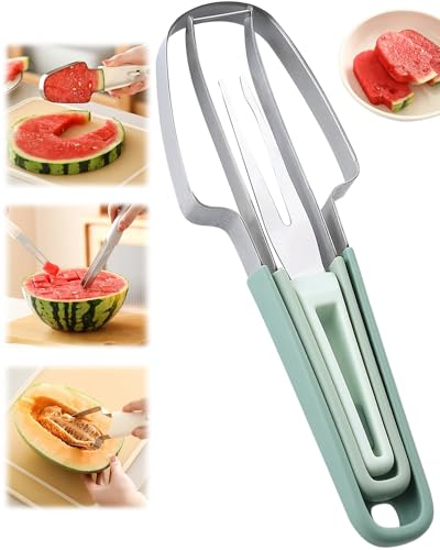 3-in-1 Obstschneider aus Edelstahl,Doppelkopf Obstgabeln Schneidemesser mit Griff,2024 New Wassermelonengabel Schneider,Sommer Wassermelonen Messer (Grün)