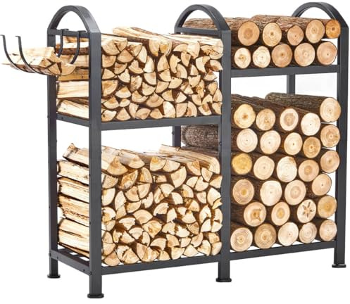 ZEXVIDA Étagère à bois de chauffage d'intérieur avec crochets, 78,7 cm, porte-bûches à 2 niveaux pour bois de chauffage extérieur, support de bois de cheminée intérieur, petit rangement réglable pour