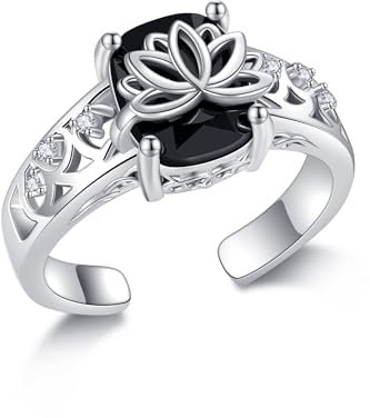 DAYLINLOVE Schwarzer Turmal Ring 925er Sterling Silber Lotus Verstellbarer Offener Daumen Ring Schwarzer Turmal Blume Hochzeit Verlobung Schmuck Geschenk für Damen Mädchen Frauen Mutter Lotusliebhaber