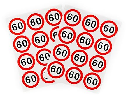 Tiwoca Deko zum 60. Geburtstag – 24 rot-weiße Aufkleber mit Verkehrsschild-Optik Zahl 60 – Ausgefallene Geburtstagsdeko und lustige Geschenkideen für Männer und Frauen