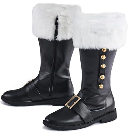 DUNHAO COS Christmas Santa Claus Boots Men's Halloween Costume Black Boots Wide Calf With White Fur - Buckle Strap US 10.5/CH44