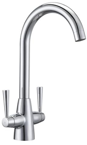Sistaby Kitchen Tap Polished Chrome Kitchen Sink Mixer Taps 1 Hole Traditional Dual Lever Stainless Steel Faucets Monoblock Swan Neck Bar Taps 360° Swivel Spout
