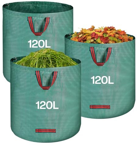 QOEOTUY Sacchi Giardinaggio 3X 120L - Sacchi per Rifiuti da Giardino Pieghevole con Maniglie - Sacchi per Raccogli Foglie da Giardino, Impermeabile, Polipropilene (PP), Riutilizzabile