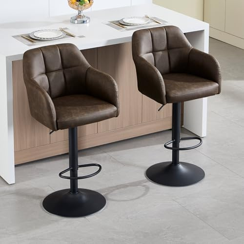 Chummaven Leder Barhocker 2er Set mit Armlehnen moderner Barstuhl Braun | höhenverstellbar, drehbar, gepolstert, mit Lehne Fußstütze Metallgestell, Küchenhocker Tresenhocker für Kücheninsel, Hausbar