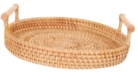 Genérico Bandeja Redonda de Ratán Tejida con Asas Cesta Multifuncional para Servir Pan Frutas y Snacks para Fiestas y Almacenamiento Cocina