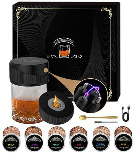 ANBEISTEE Kit de Fumeur de Whisky Electrique Portable - Kit de Fumée de Cocktail Multifonctionnel Rechargeable avec 6 Puces de Bois (sans Butane) - Briquet Intégré