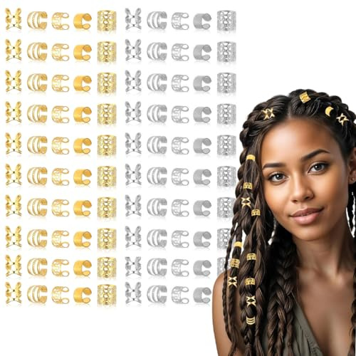 FENQURO Förpackning med 100 guldhårtillbehör, dreadlocks-smycken, gyllene hårtillbehör för flätor, hårspiraler, klämmor, metallmanschetter, hårringar, guld, justerbara för män och kvinnor