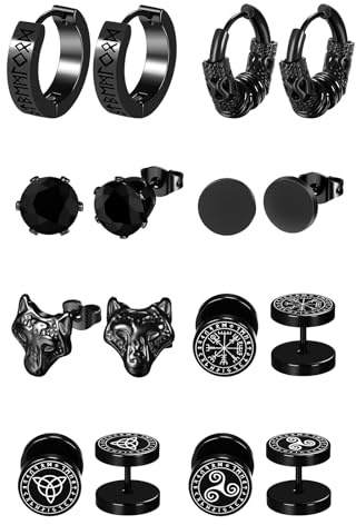 JewelryWe 8 Paires Boucles d’Oreilles Homme Viking: Clous d’Oreille Faux Plug et Créoles en Acier Inoxydable Style Nordique avec Runes, Tête de Loup et Symboles Celtes – Cadeau Homme Anniversaire