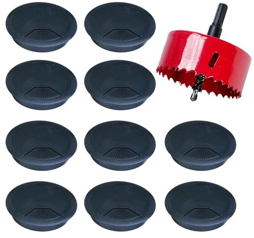 Selyse Lot de 10 Passe-Câbles de Bureau, Cache-Hole Rond pour Bureau à Domicile, Organisation Pratique des Câbles, avec Scie Cloche, Solution Idéale pour Le Bureau et la Maison (Noir)【80mm】