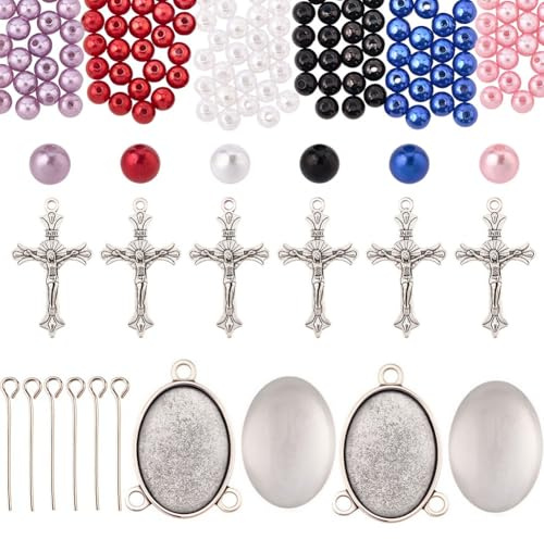 SUNNYCLUE 778 Stück DIY 6 Sets Rosenkranz Bastelsets Rosenkranzkreuze Kreuzanhänger Cabochon Fassung Mit Glascabochons Imitationsperlen Kruzifixanhänger Für Frauen Und Männer Gedenkgeschenke