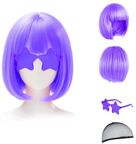 Perruque pour femmes - Perruque bob colorée avec lunettes de fête, Perruques de cosplay pour soirées, Perruques amusantes pour femmes (Bonnet pour cheveux fourni) (Violet)