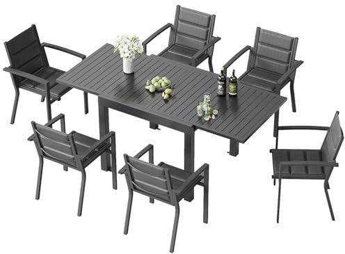 TRIUMPHKEY 6 Personen Gartenmöbel-Set aus Aluminium, 1 Ausziehbarer Tisch (80-160 cm) & 6 stapelbare Stühle Balkon und Terrassen Lounge Set, Dunkelgrau