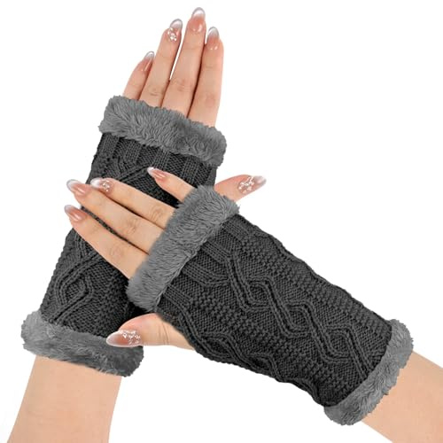 Geoxury Womens Fingerless Gloves - Women Knitted Arm Warmers with Thumb Hole, Winter Warm Crochet Hand Mittens Fluffy Lined Wrist Warmers Gloves for Women Cold Weather