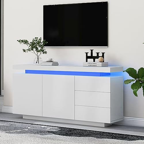 LINKHOO Buffet avec LED, Commode, Meuble sur Pied, 2 Portes, 3 Tiroirs, Pas de poignées,140x35x72,5 cm, Charge maximale 50 kg, Blanc