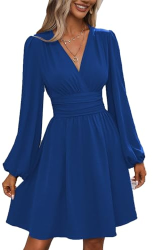 UUAISSO Vestito Casual da Donna Manica Lunga Vita Alta A Line Abiti Avvolgenti Scollo a V Midi Dress Blu L