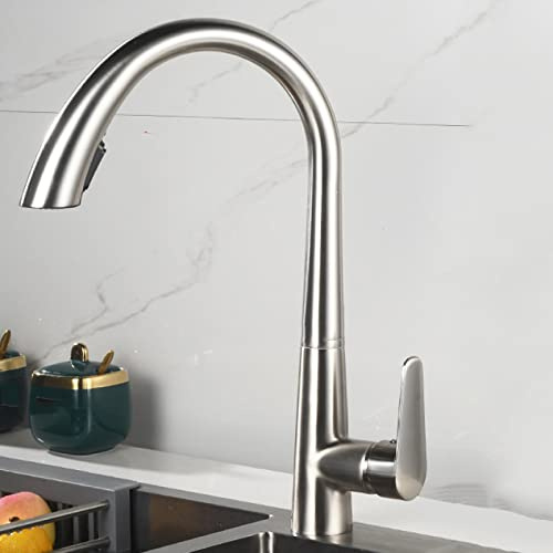 Kitchen Tap with Pull Out Hose,Single Level Brass Kitchen Basin Faucet with Pull Down Sprayer,Kitchen Sink Taps with 2 Spray Modes,Kitchen Mixer Tap 360° Swivel,Brushed