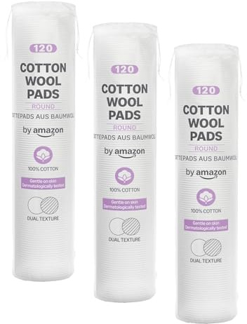 by Amazon Cotton Wool Pads, Dual Texture, 100% Cotton, 120 Pads (Pack of 3)