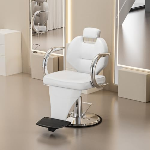 Joiemebi Poltrona da Parrucchiere, Sedia da Parrucchiere Idraulica Reclinabile Barber 360° per Salone di Parrucchiere, Salone di Bellezza, 61 x 57 x 91-104 cm (Bianco)