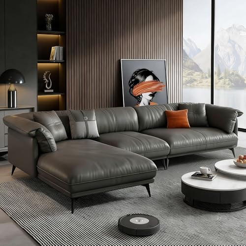 Italiensk lyxig enkel L-formad lädersoffa, massiv träram, rymlig och mjuk soffa, modern stor storlek, lämplig för vardagsrum/kontor/lägenhet.