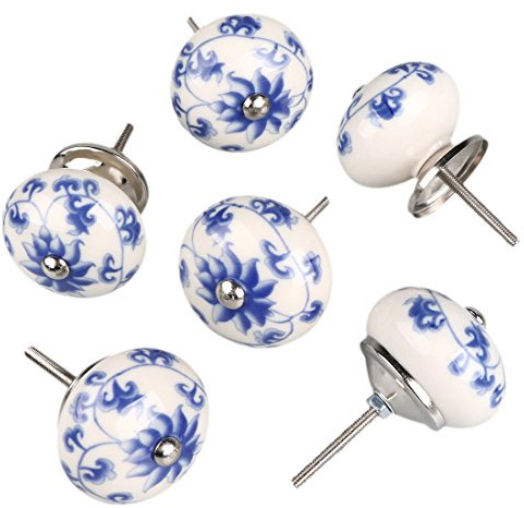 Sourcingmap 6 Pieces Vintage Shabby Knobs Floral Hand Painted Ceramic Pumpkin Cupboard Wardrobe Cabinet Drawer Door Handles Pulls Knob, Blue and White Flower